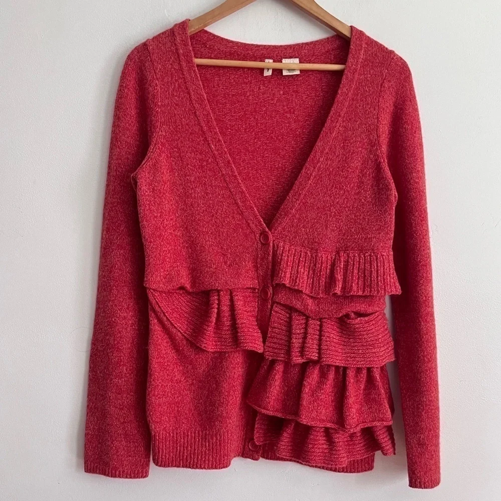Anthropologie Moth- V Neck Asymmetrical Ruffle Long Sleeve Wool Cardigan- Medium